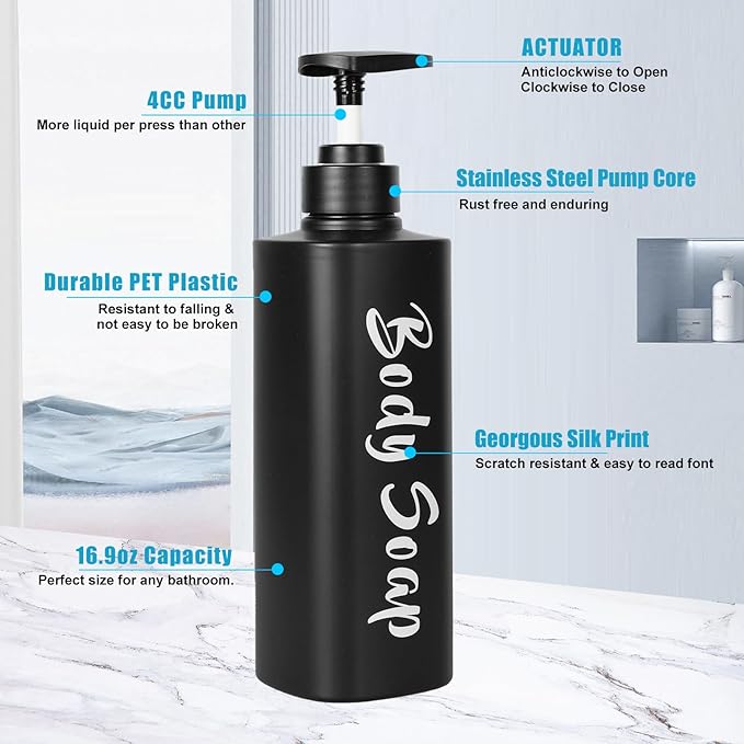 16.9oz Bathroom Soap Dispenser Set, Refillable Shampoo and Conditioner Bottles, Empty Bottles with Pump for Shampoo, Conditioner, or Body Wash, Matte Black Shower Dispensers, Set of 3