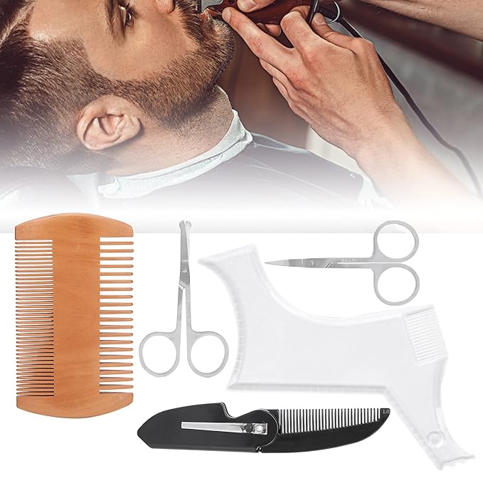 Beard Shaping Tool, Professional Beard Grooming Styling Set with Transparent Template Comb and Stainless Steel Scissors for Men Facial Hair Care