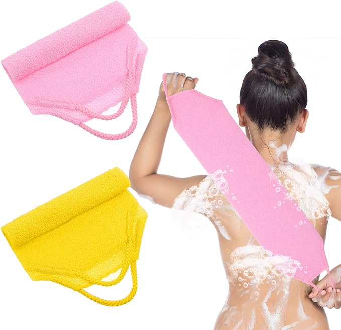2Pcs Exfoliating Back Scrubber with Handles Nylon Double-Sided Body Scrubber Towel Back Exfoliator Extended Length Washers Scrubbers Stretchable Pull Strap Exfoliating Washcloth (Pink Beige)