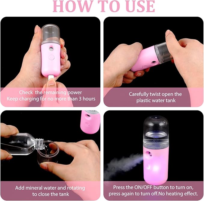 Honoson 2 Pack Nano Facial Mister Spray Bottle Handheld Humidifier Portable Face Mister for Eyelash Extensions USB Rechargeable 1 oz Mini Skin Care Machine for Daily Makeup(Dark Pink and White)