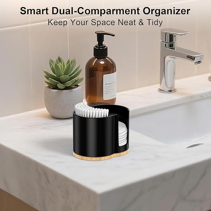 Cotton Pad and Swab Holder, Q tip Holder Round Cotton Pad Dispenser Plastic Cotton Swabs Dispenser, Bathroom Accessories Storage Organizer for Cotton Pads Floss Picks, Black