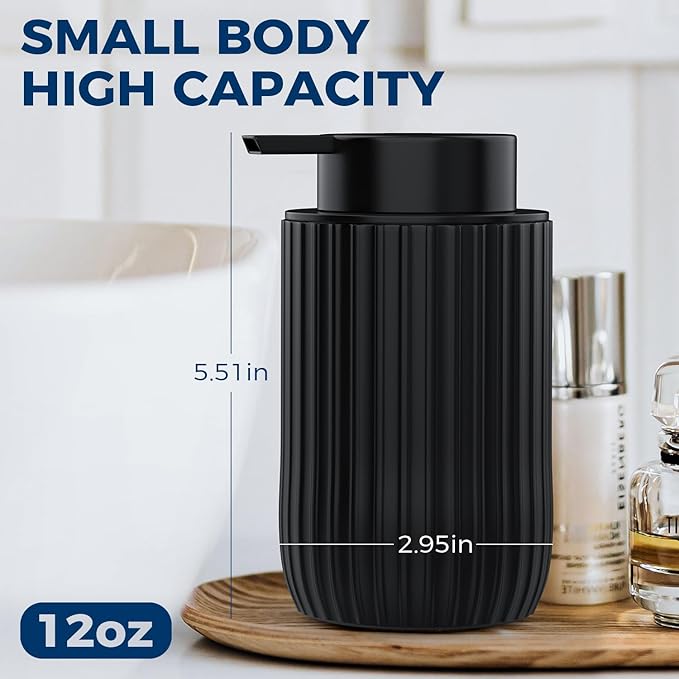 Ceramic Foaming Hand Soap Dispenser，12 oz Bathroom Soap Dispensers， Lotion Dispenser for Kitchen, Refillable Matte Streaks Soap Dispenser with Large Pump (Black)
