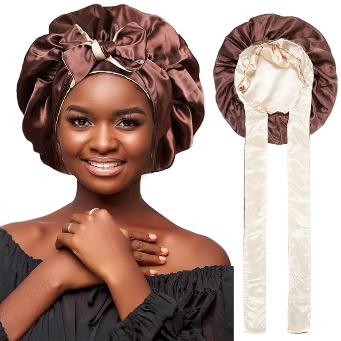 Satin Bonnet Silk Hair Bonnets for Women Curly Hair Wrap Night Cap Double Layer Sleep Cap Reversible with Tie Band (Brown + Champagne)