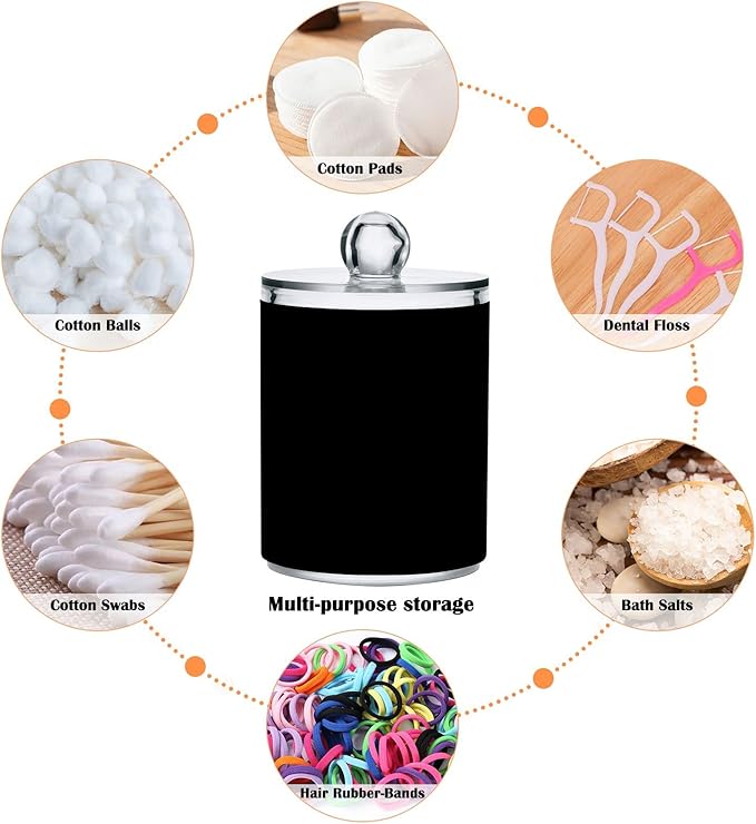 Black Qtip Holder Organizer Dispenser Cotton Swabs Cans Plastic Jars with Lid Set 2 Pack Bathroom Storage Canister for Cotton Ball Floss Cotton Pads