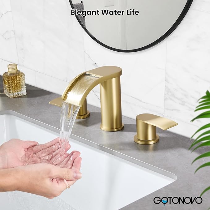 gotonovo Waterfall 8 inch Widespread Bathroom Faucet Set Bathroom Sink Faucet 3 Hole 2 Handle Vanity Lavatory Deck Mount with Pop Up Drain and Water Supply Lines Round Body Brushed Gold