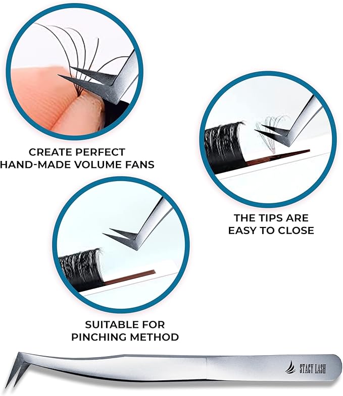 Stacy Lash STL-5 Eyelash Extension Tweezers/Supplies for Volume Extensions & Premade Fans/Precision Tool for False Lashes Application/Beauty Accessories/Curved Tweezer Tip/Eyelashes Tools