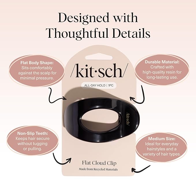 Kitsch Medium Flat Claw Clips for Women - Stylish Flat Hair Clips, Strong Hold for Thick & Fine Hair | Non-Slip for Secure, Comfortable All-Day Wear | Ideal Gifts for Women - Black