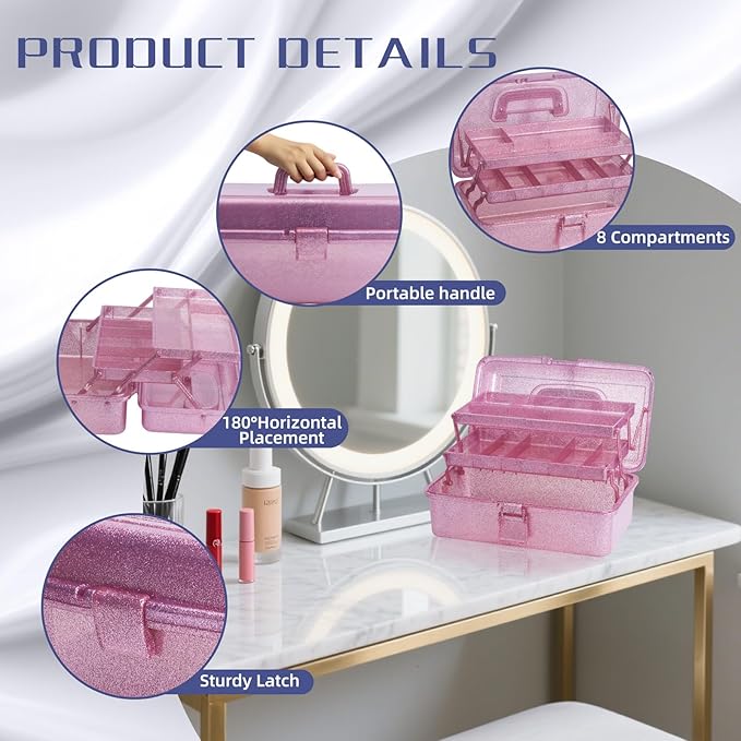 3-Tier Stackable Storage Organizer Box | Portable Multi-Use Tackle Box for Art Supplies, Makeup & Sewing Kits | Durable Design w/Adjustable Compartments (Pink&Red)