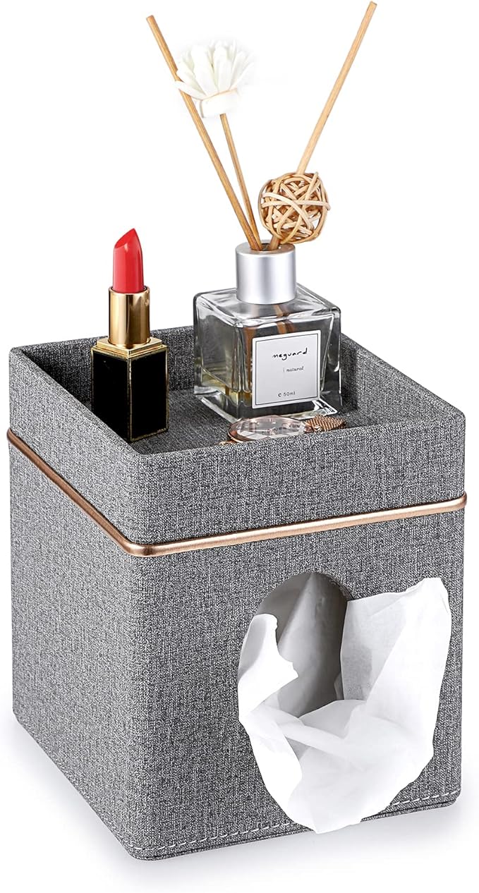 Sumnacon Tissue Box Cover Square Linen Tissue Box, Cube Tissue Box Holder with Top Tray, Stylish Tissue Cover for Bathroom Toilet Living Room Bedroom Table Desk Home Office Car Bar, Grey