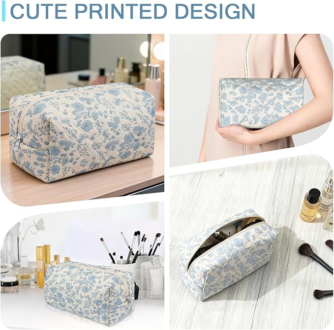 Floral Makeup Bag, Cute Cosmetic Bag for Women Girls, Quilted Cotton Make up Pouch, Travel Makeup Bags, Portable Storage Toiletry Organizer Bag(Blue Floral)