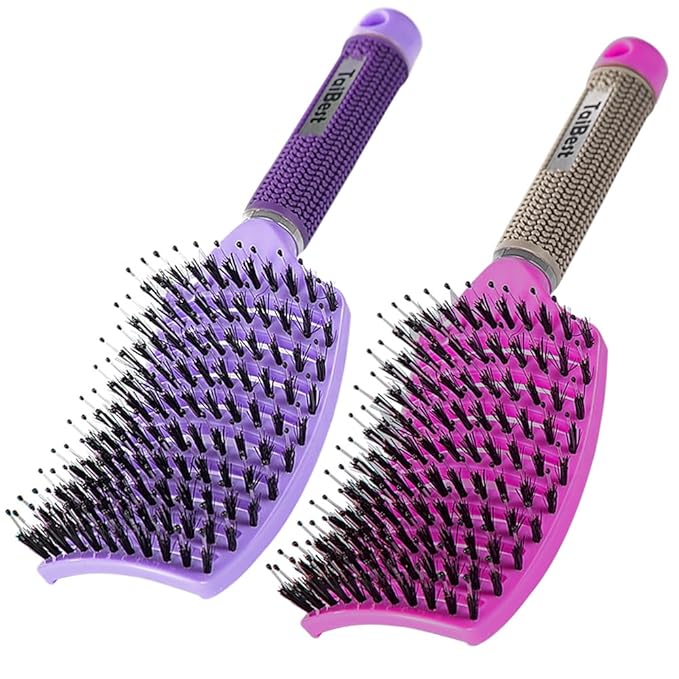 Boar Bristle Hair Brush Set - Dry/Wet Hair Brush Detangler for Fine, Thick, Curly Hair - Curved and Vented Brush for Women, Men or Kids (Purple & Rose Red)