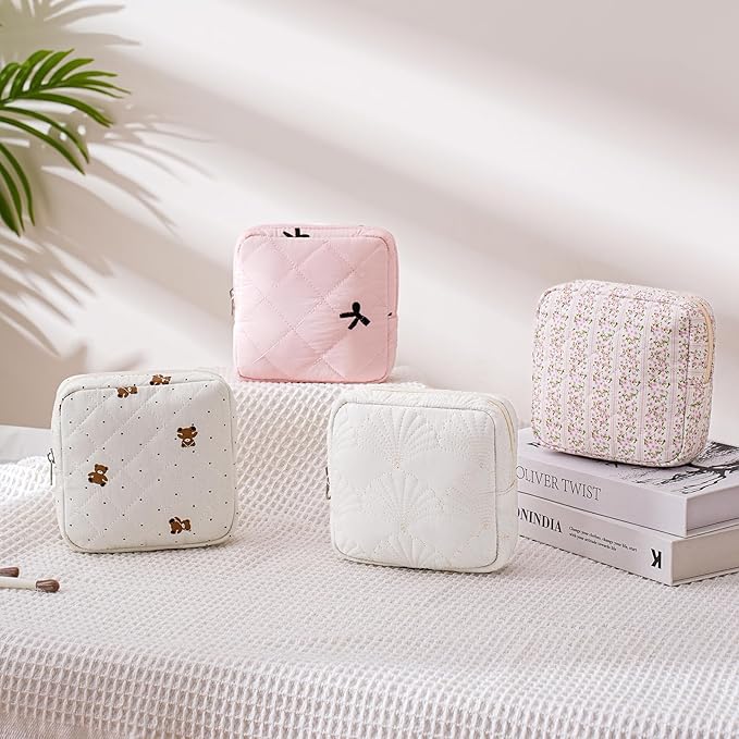 Small Quilted Cosmetic Pouch for Purse, Mini Cotton Makeup Bag with Compartments, Cute Zipper Lipstick Holder for Women (17Small Pink Flower)