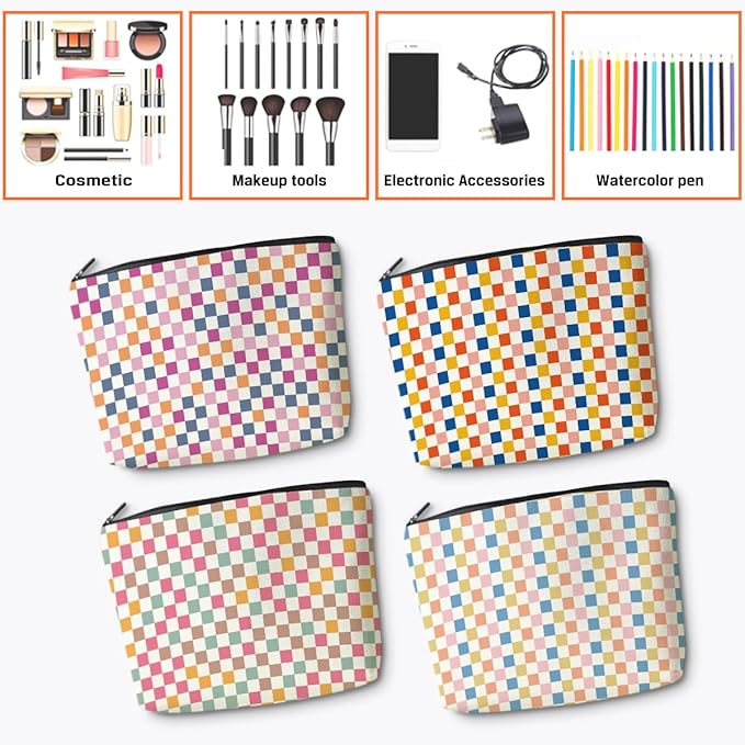 4 Pcs Checkered Makeup Bag Make up Bag Cosmetic Bags for Women Girls Sister Nurse Bridesmaid Friendship Christmas Birthday Travel Toiletry Bags Aesthetic Zipper Organizer Accessories, Cute Retro Plaid