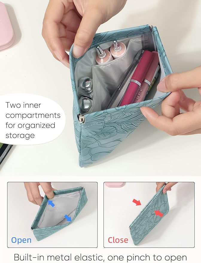 Floral Leather Makeup Pouch Set for Women Small Make Up Bag for Purse Waterproof Initial Makeup Cosmetic Bags Pouches for Purse Aesthetic Travel Toiletry Bag, Blue