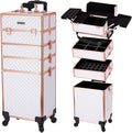 TOPACK Professional 4-In-1 Rolling Makeup Train Case, Large Makeup Travel Case with Key Shoulder Strap/Handle Cushion I Makeup Train Case Organizer I Cosmetology Case on Wheels（White Glod）