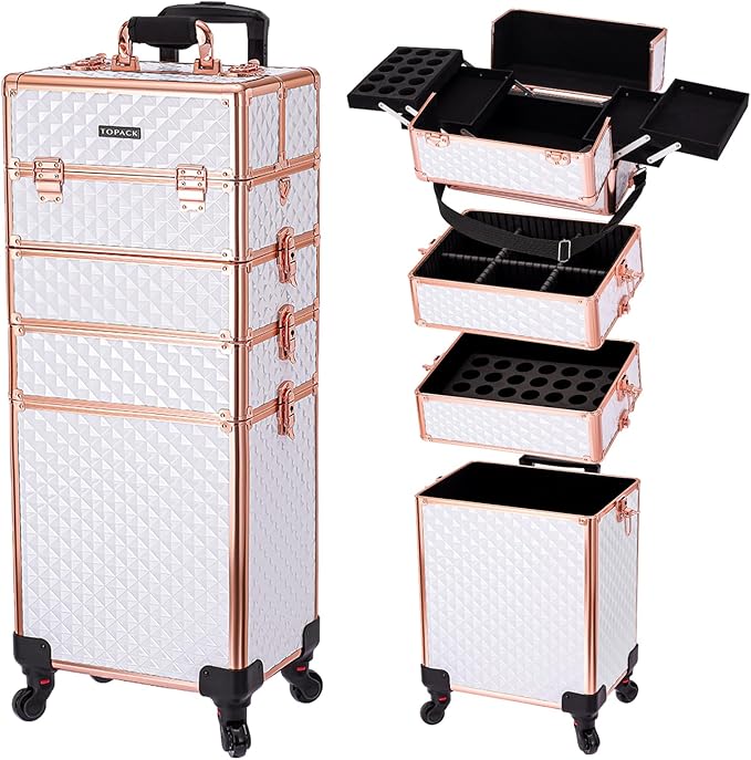 TOPACK Professional 4-In-1 Rolling Makeup Train Case, Large Makeup Travel Case with Key Shoulder Strap/Handle Cushion I Makeup Train Case Organizer I Cosmetology Case on Wheels（White Glod）