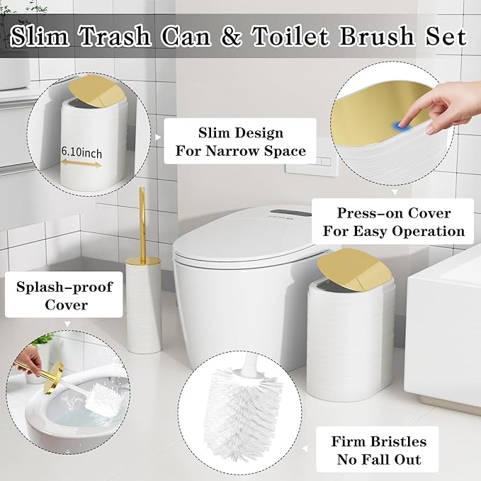 Bathroom Set, 10PC Bathroom Accessory Set, White Bathroom Accessories, White and Gold Bathroom Set with Trash Can, Soap Dispensers