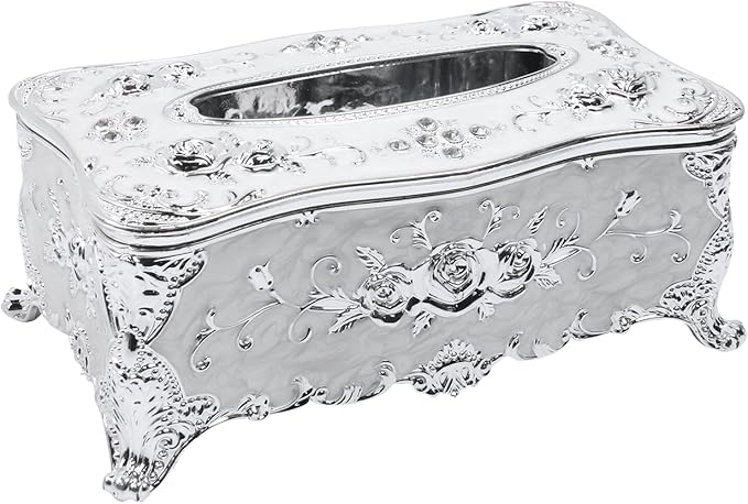 Geesatis Tissue Box Cover, Rectangle Tissue Box Holder, Rectangular Napkin Facial Tissues Holder for Bathroom Toilet Bedroom Living Room Table Desk Office Dresser, 1 Pcs Silver 9''x5''x3.7''