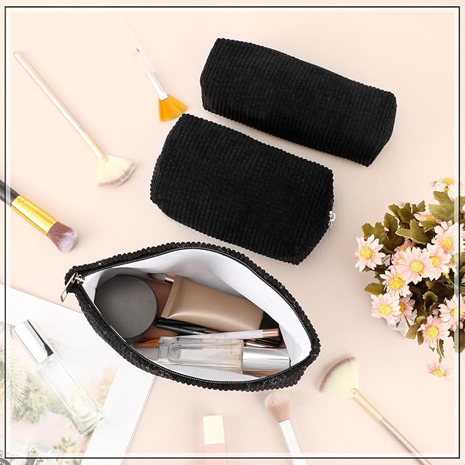 3 Pcs Makeup Bag Set for Women Corduroy Cosmetic Pouch Aesthetic Smile Travel Toiletry Bag Cute Purse Pouch Pencil Case Makeup Brushes Storage Organizer with Zipper(Black,Solid Style)