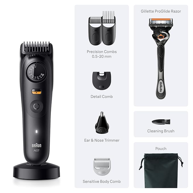 Braun Series 7 All-in-One Beard & Body Grooming Kit for Men, Cordless Trimmer, Hair Clippers & Shaver for Face, Hair & Body with Gillette ProGlide Razor, AIO 7535