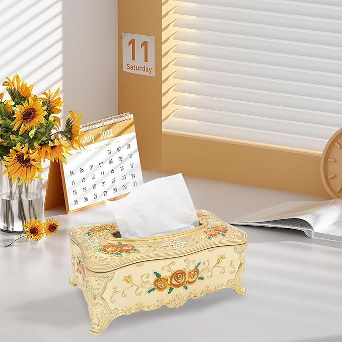 Geesatis Tissue Box Cover, Rectangle Tissue Box Holder, Rectangular Napkin Facial Tissues Holder for Bathroom Toilet Bedroom Living Room Table Desk Office Dresser, 1 Pcs Golden 9.05''x4.93''x3.74''
