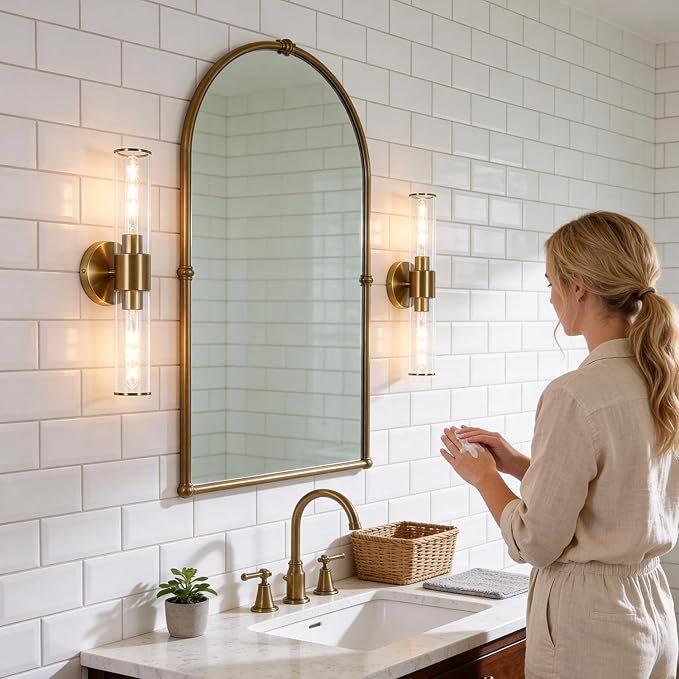 Gold Wall Sconces Set of 2, Hardwired Bathroom Vanity Light Fixture, Brass Sconce Wall Lighting, Modern Wall Light Set of Two, Cylinder Lamp for Bathroom Mirror Hallway Bedroom (Bulbs Required)