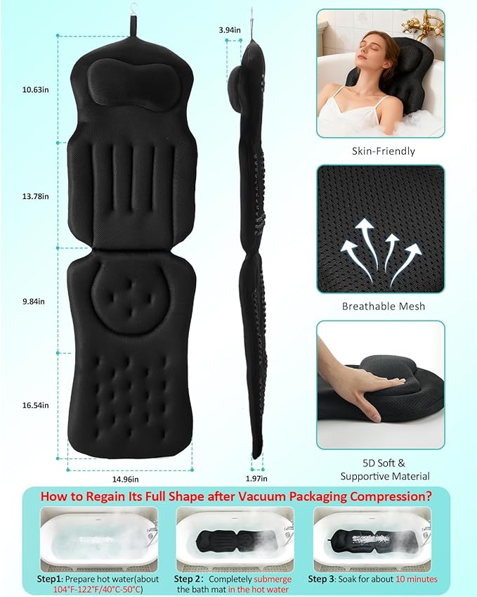Full Body Bath Pillow for Bathtub, 5D Thick Tub Pillow for Bathtub with 192 Non-Slip Suction Cups, Laundry Bag & Hook, Bathtub Pillow for Head, Neck & Back Support (Black, 51"*15")