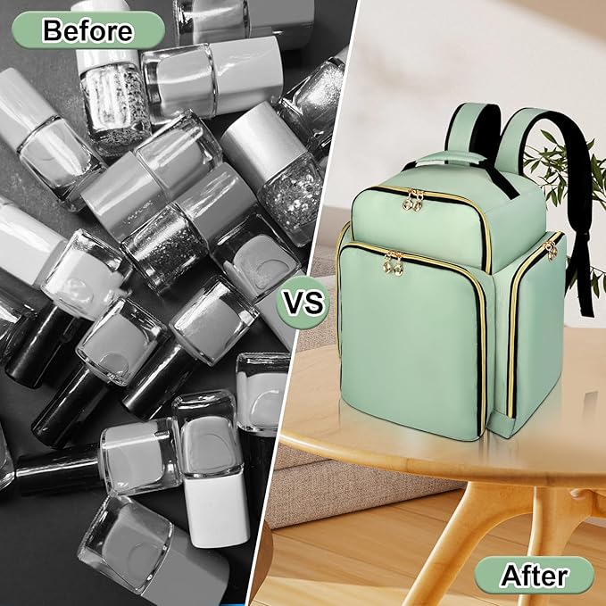 Nail Polish Organizer Backpack Holds 126 Bottles& Nail Lamp, Extra Large Nail Kit Supplies Organizer Bag with 3 Removable Cases, Portable Nail Organizers and Storage for Travel (Green)