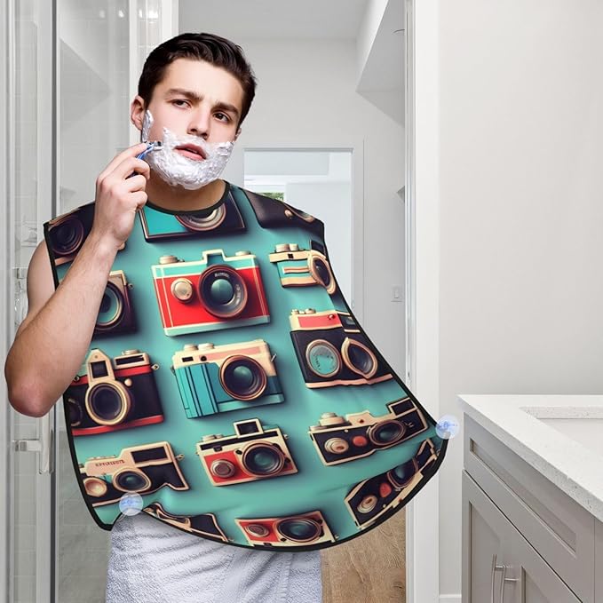 Retro Cool Camera Collection Print Beard Bib Apron For Men, Beard Hair Catcher For Men Shaving Trimming,Beard Cape Cloth, Black