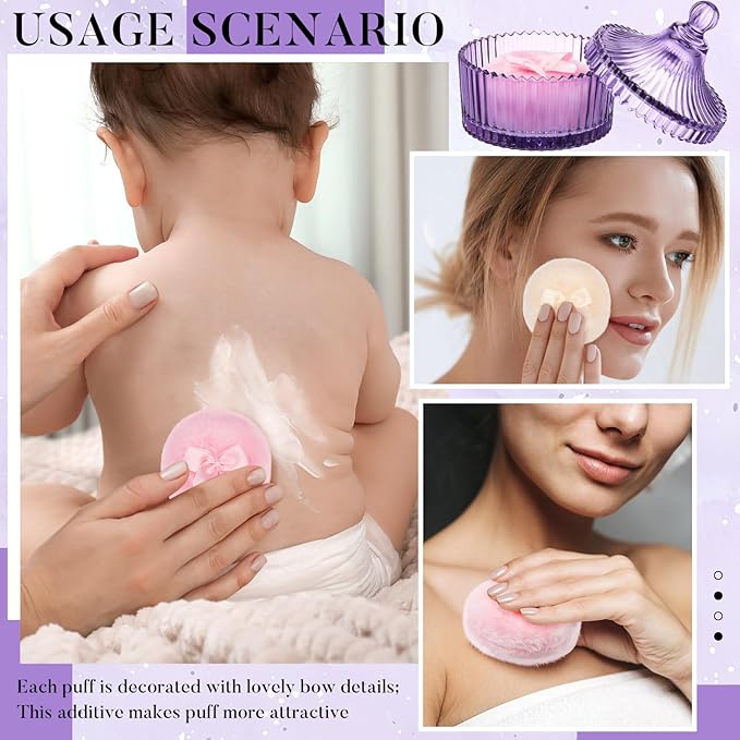 Tioncy 3 Pcs Large Body Powder Puff and Container Valentine's Day gift Powder Container with Puff Crystal Case Soft Washable Reusable Velour Face Body Glitter Wet Dry Makeup(Classic,Purple)