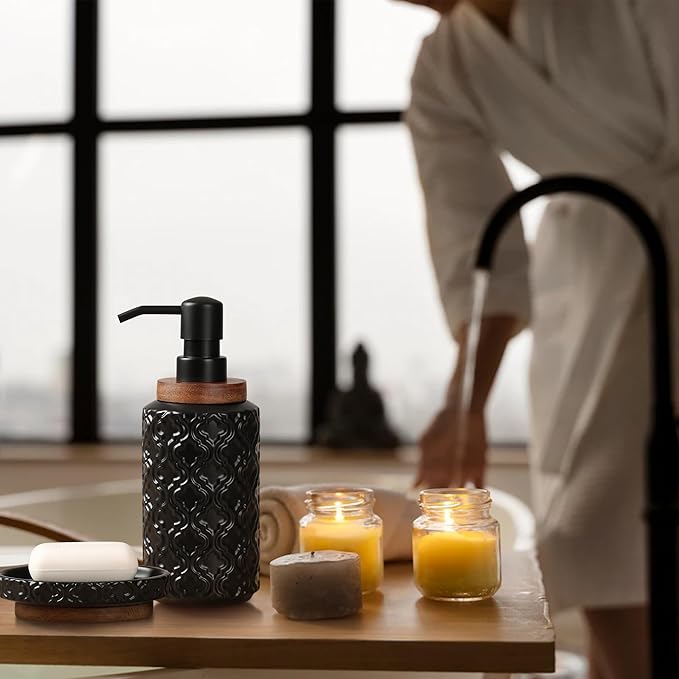 Elegant Bathroom Accessories Set 4 PCS Ceramic and Wood Bathroom Accessory Set Soap Dispenser Toothbrush Holder Tumbler Soap Dish Easy to Clean Quatrefoil Pattern Black