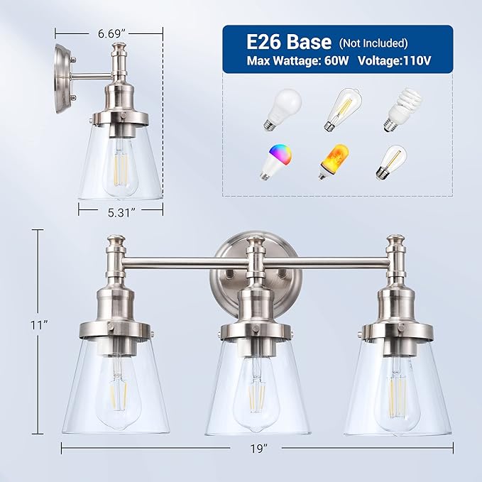 DEWENWILS Bathroom Light Fixtures, 5-Piece All-in-One Bathroom Light Set, 3 Light Brushed Nickel Bathroom Vanity Light with Glass Shades, Towel Bar, Towel Ring, Robe Hook, Toilet Paper Holder