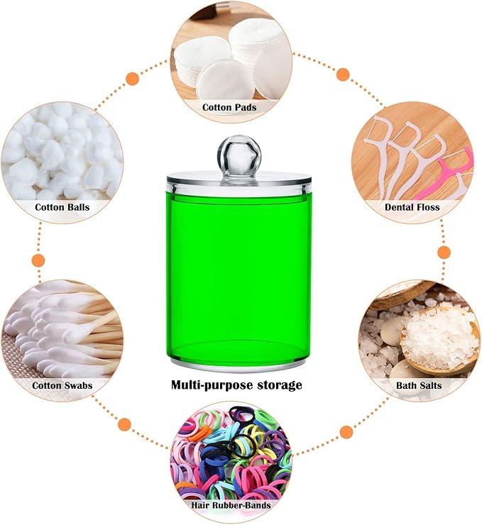 Green Qtip Holder Organizer Dispenser Cotton Swabs Cans Plastic Jars with Lid Set 4 Pack Bathroom Storage Canister for Cotton Ball Floss Cotton Pads