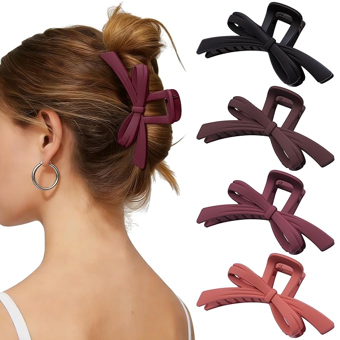 Mesovor 4 Pack Cute Bow Claw Clips, Nonslip 4.92" Large Matte Strong Hold Bows Hair Clips for Thin and Thick Hair | Chic Hairclips for Holidays or Everyday Hairstyle (Red Matte)