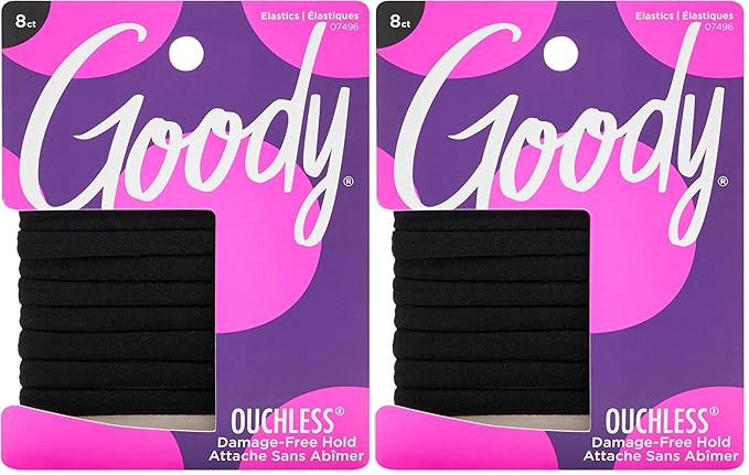 Goody Ouchless Seamless Hair Elastics, 8 Ct, Black, Damage-Free Gentle Hold Elastic Ties, No Snag or Pull, For All Occasions, Chic Styling Accessories for Women & Men, All Hair Types (Pack of 2)
