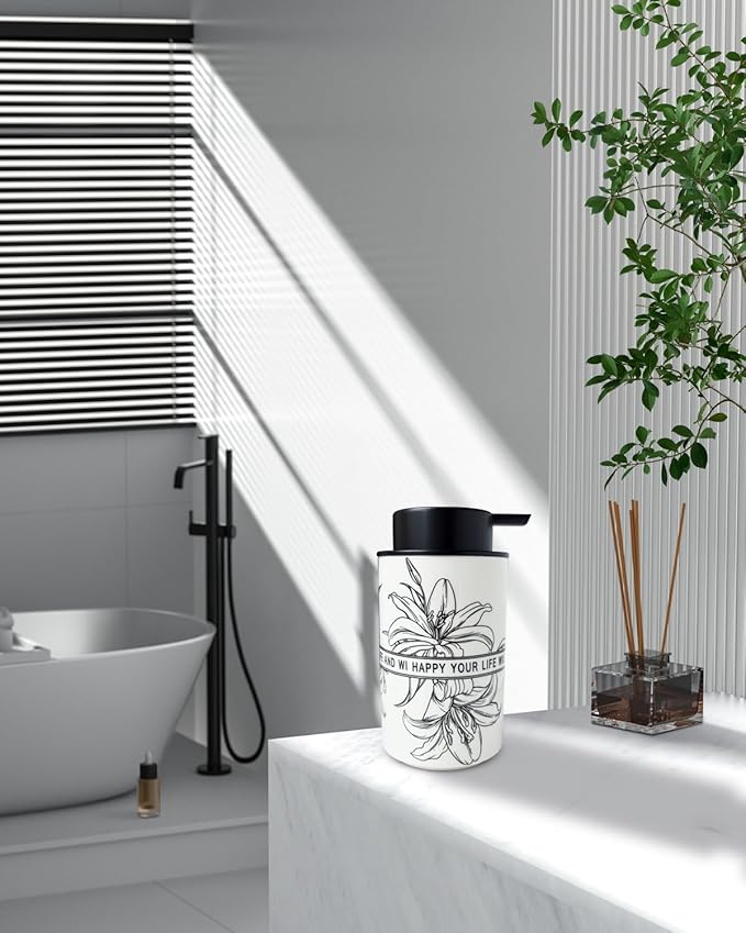 Ceramic White Liquid Soap Dispenser for Bathroom & Kitchen,Lily Pattern Hand Sanitizer Bottle,Chic Home Deco (Liquid)