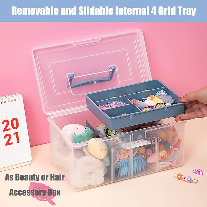 Clear Plastic Arts & Craft Supplies Organizer Box Large with a Removable Tray & A Partition & Handle, Office Home School Desktop Stationery Storage Box, Medicine Box (Clear & Ocean Blue)