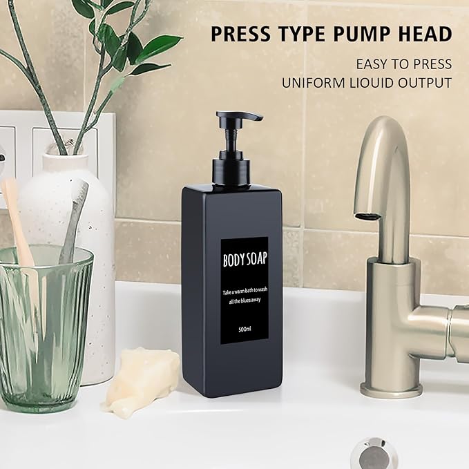 Shampoo and Conditioner Dispenser (Set of 2, 16.9oz) Modern Refillable Shampoo Pump Bottles for Shower Soap - Empty Body Wash Dispenser Set for Bathroom (White+Black)