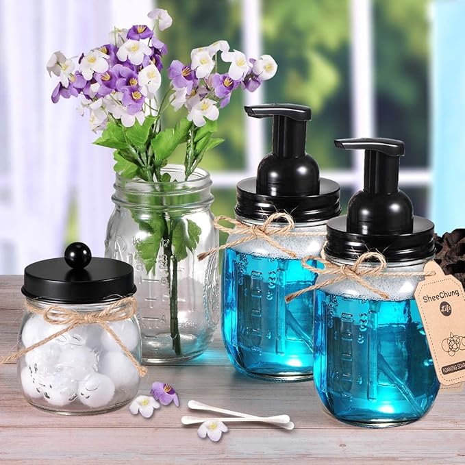Amolliar Mason Jar Foaming Soap Dispenser Pump Lids, Foaming Pump Replacement Kit for Pint Regular Mouth Mason Jar, Refill Hand Soap, Waterproof Stickers, Kitchen Bathroom Farmhouse Decor, Black 6Pack