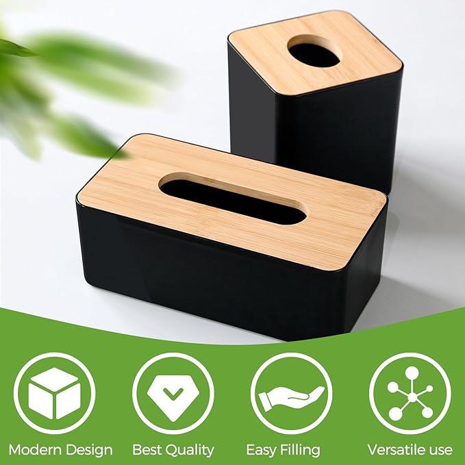 Tissue Box Cover, Rectangle Tissue Box Holder with Bamboo Cover Plate for Bathroom Bedroom, Decorative Tissue Box Covers for Home Decor Office, Black