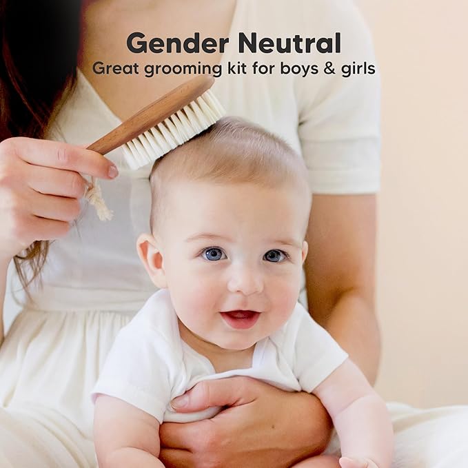 Wooden Baby Hair Brush - Cradle Cap Baby Brush with Soft Goat Bristles, Perfect Gentle Scalp Newborn Comb for Infant, Girls, Boys, Bath Essentials (Dark Walnut, Regular)