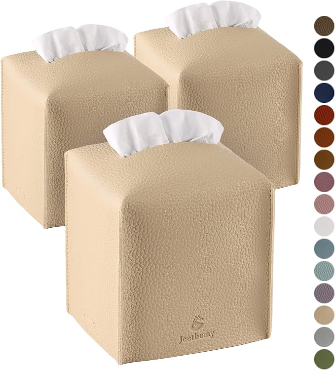 Tissue Box Cover, Jeethemy Square PU Leather Tissue Box Holder, Modern Tissue Case Facial Paper Organizer Dispenser，5X5X5'',Three Beige
