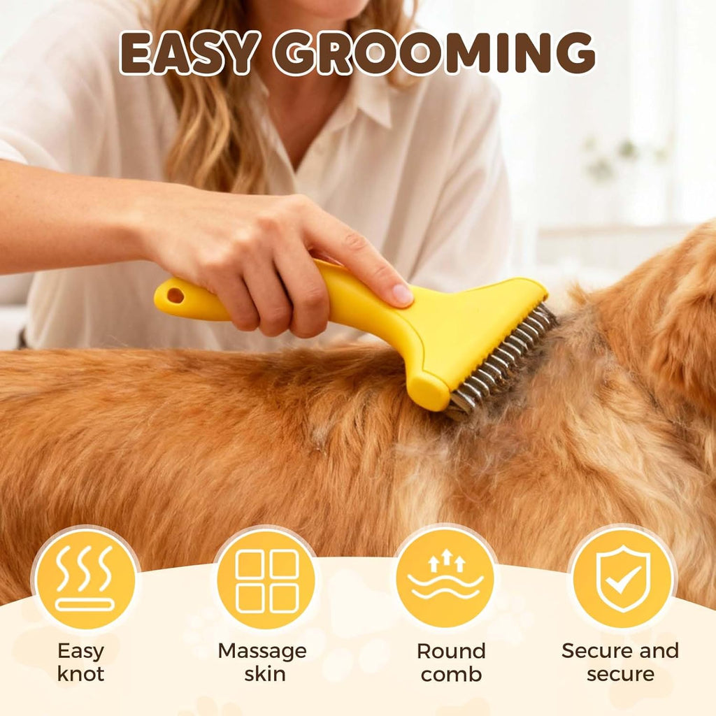 Pet Grooming Brush, 2025 New Self Cleaning Metal Comb, Detangling and Dematting Long, Matted Fur on Cats and Dogs, Easy to Remove Loose Undercoat, One Click Removal (Yellow)