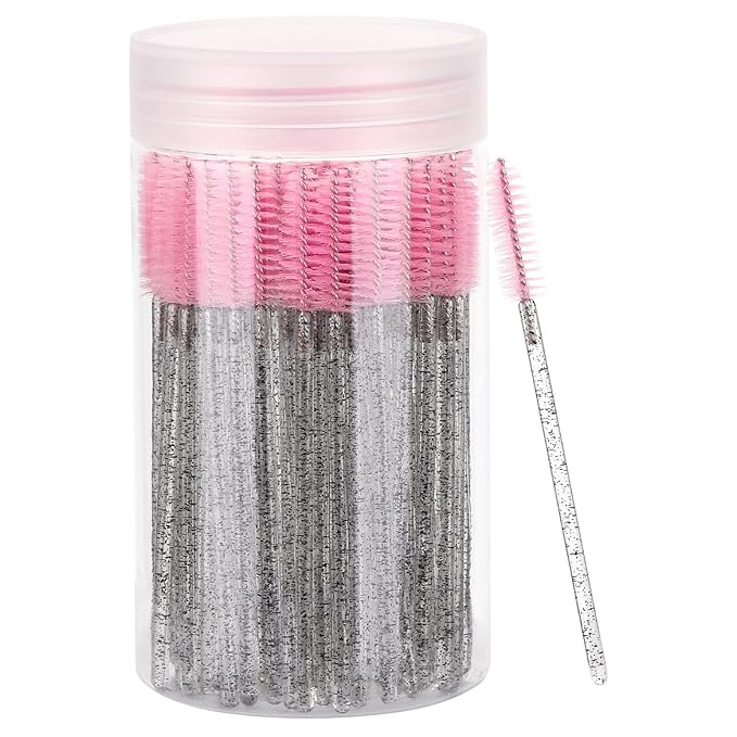 100 Pcs Disposable Eyelash Brush, Mascara Wands Makeup Brushes Applicators Kits for Eyelash Extensions, Eyebrow Brush with Container (Pink, Black)