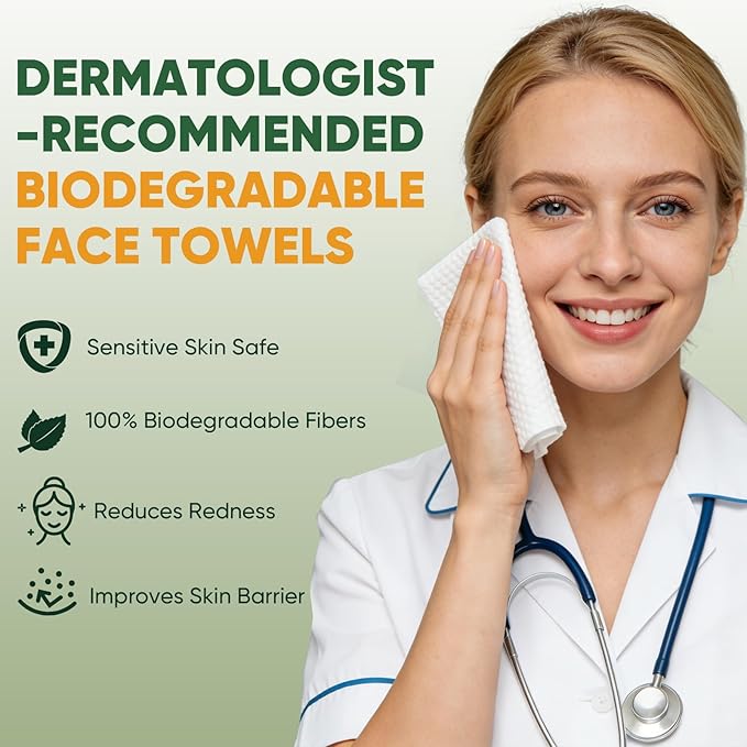 Face Towels Disposable 60 Count, 100% Viscose Fiber Double-Sided Facial Towelettes, Soft Thick Lint-Free Makeup Remover Wipes for Sensitive Skin, Home Use & Travel Pack