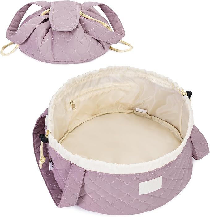 Narwey Barrel Drawstring Makeup Bag Large Cosmetic Bag Make up Bags Women Toiletry Organizer for Travel Toiletries Accessories Essentials (Quilted Dusty Rose) (Patent)