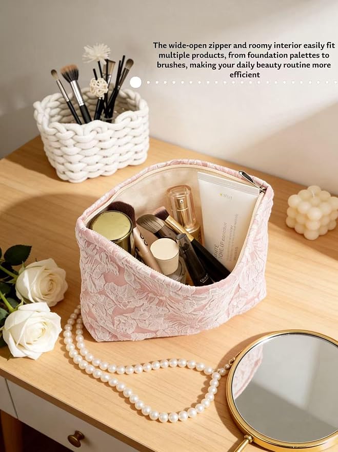 2-Pack Large Flower Makeup Bag Set - White & Pink Floral Canvas Cosmetic Organizer | Aesthetic Capacity Travel Toiletry Bag for Women (Makeup Brushes & Accessories Storage)