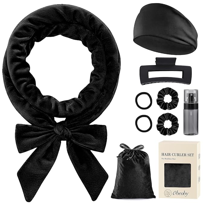 Obeoby Heatless Curls Overnight Set, No Heat Hair Curlers To Sleep In, Hair Rollers with Scrunchies and Clips for Women Long & Short Hair, black
