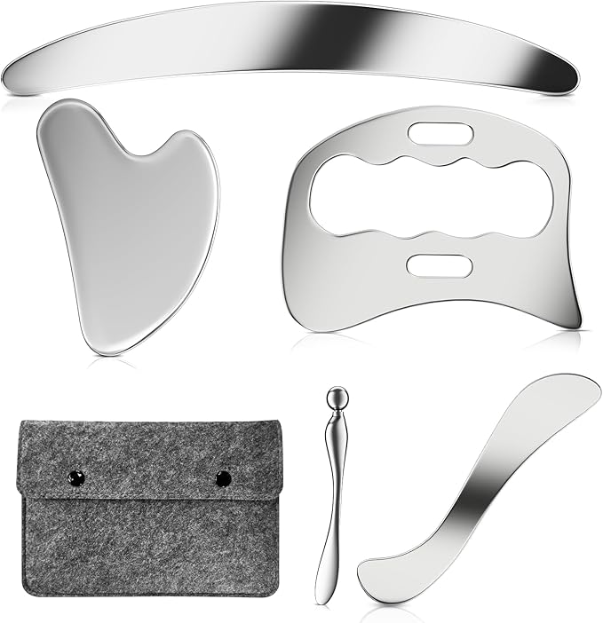 Stainless Steel Muscle Scraper Gua Sha Kit and Derma Edge Scraping Tools for Physical Therapy, Deep Tissue Guasha Massage Tool for Body and Face Relaxation (Grey-5pcs)