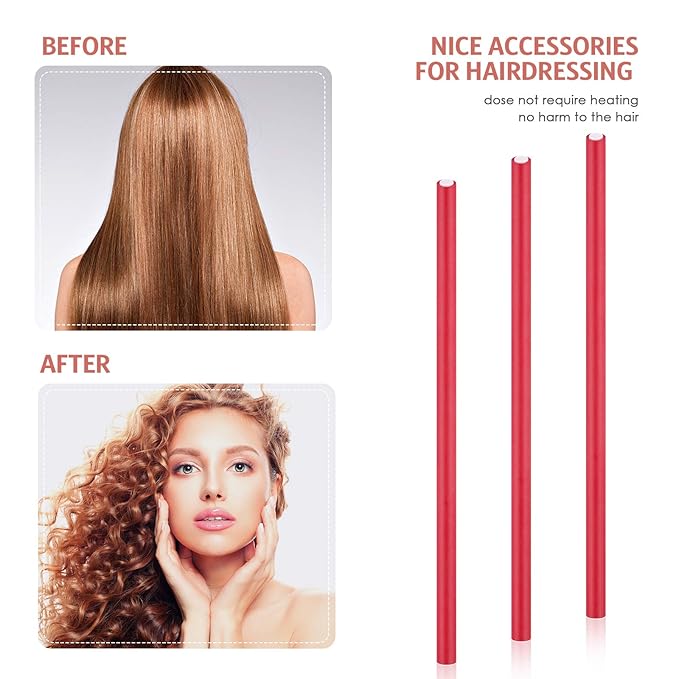 Syhood 30 Pcs Flexible Curling Rods 9.45 Twist Foam Rollers Soft Foam No Heat Hair Rods Rollers and 1 Steel Pintail Comb Rat Tail Comb for Women Long Short Hair(Red,9.45 x 0.3 Inch)
